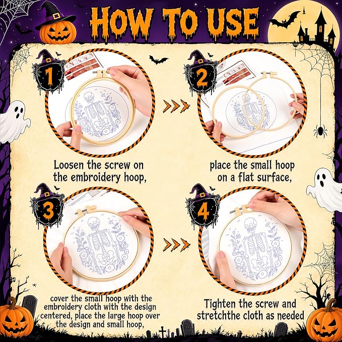 4 Set Halloween Embroidery Kit, DIY Hand Embroidery Kit for Beginners