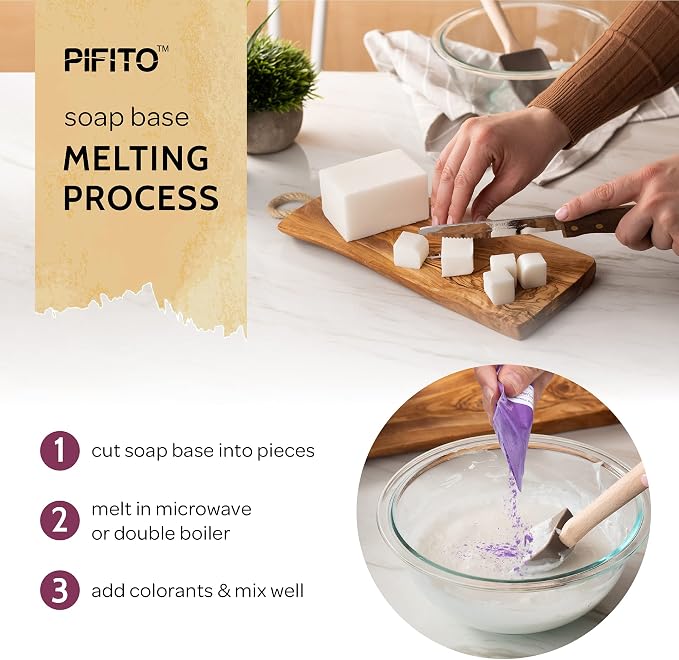 Pifito Soap Making Kit │ DIY Soap Making Supplies - 3 lbs Melt and Pour Soap Base (Goats Milk, Shea Butter, Clear), 10-Pack Mica Original Colorants Sampler, Mold and Instructions