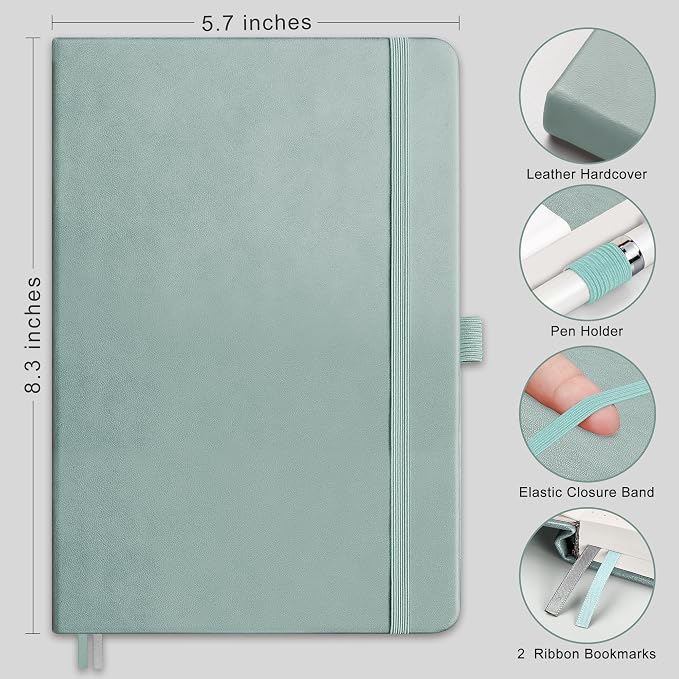 RETTACY Dotted Journal Notebook, 192 Pages, A5 Medium Size (5.7'' x 8.3'') | Leather Hardcover, 100 GSM Thick Paper, for Journaling, Planning, Tracking (Blue-gray)