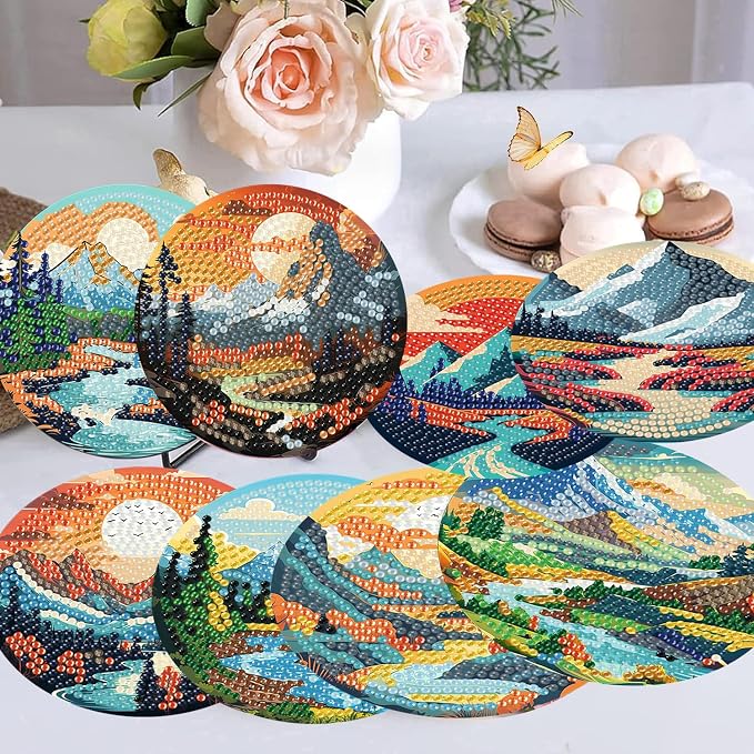 8 Pcs Diamond Art Coasters Kits, Landscape Diamond Painting Coasters Kits