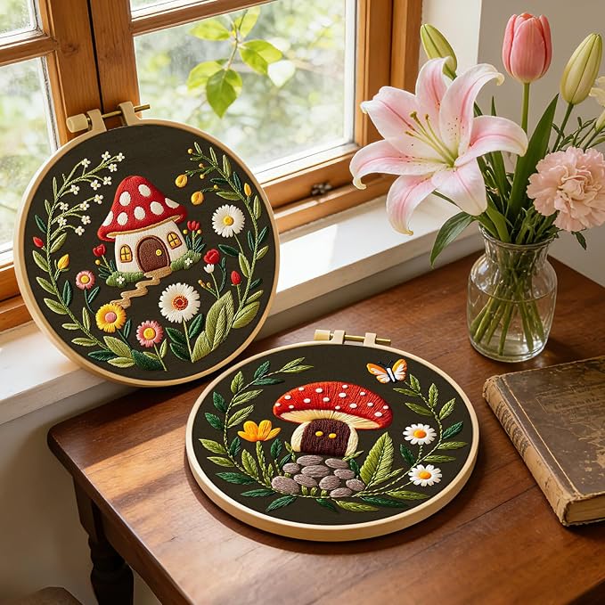 ERKOON Embroidery Kit for Beginners, 2 Set Flower Cross Stitch Set Include Embroidery Cloth Hoops Threads for Craft Lover Hand Stitch with Embroidery Skill Techniques (Mushroom)