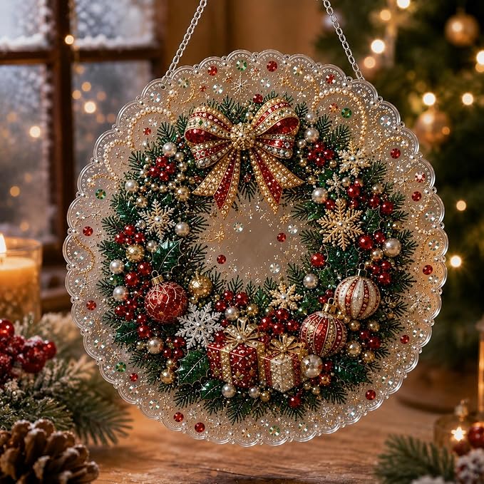 Christmas Pearl Diamond Painting Suncatcher Kit, DIY Craft (#B, 12in)