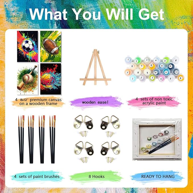 Ball Sports Paint by Numbers for Adults with Framed Canvas - Wooden Easel | 4 Pack Ball Sports Paint by Number for Beginners, Oil Painting Kits on Canvas with Brushes for Home Wall Decor (8x12 inch)