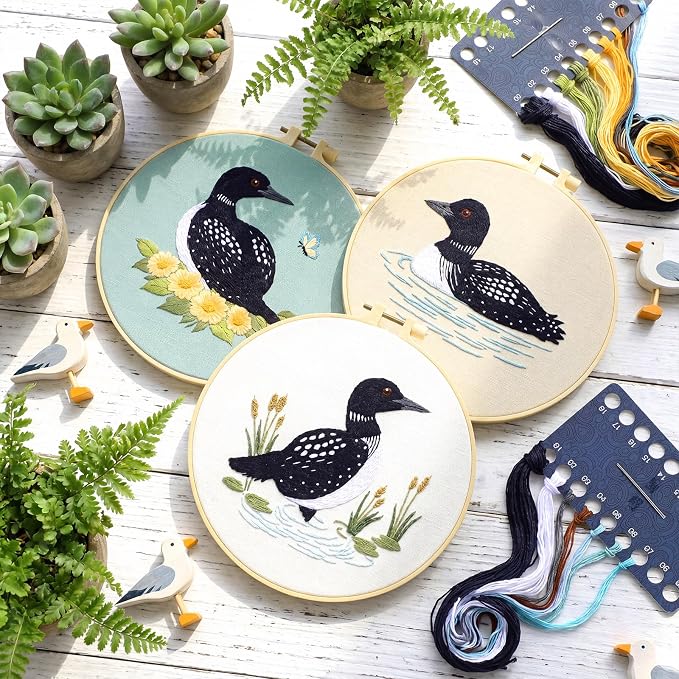 Mindsoft 3 Set Needlepoint Kit for Beginners with Hoop,Loon | Bamboo Hoop Thread Needles Instructions, Easy Hand Embroidery for Beginners Home Crafts,Pre-stamped Funny Cute Designs