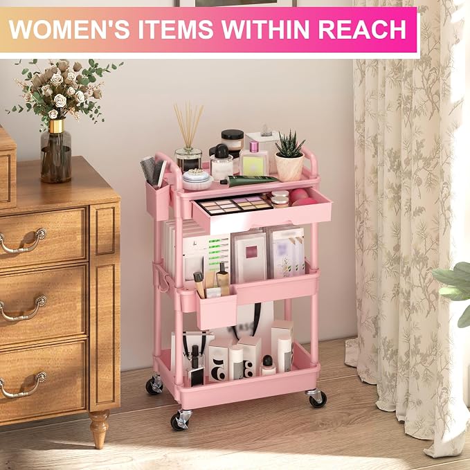 Goovilla 3 Tier Rolling Utility Cart Organizer with Removable Drawer, Pink | Stable and Sturdy Rolling Storage Carts with 2 Lockable Wheels for Bathroom, Kitchen, Snack, Craft, Makeup, Baby Essentials