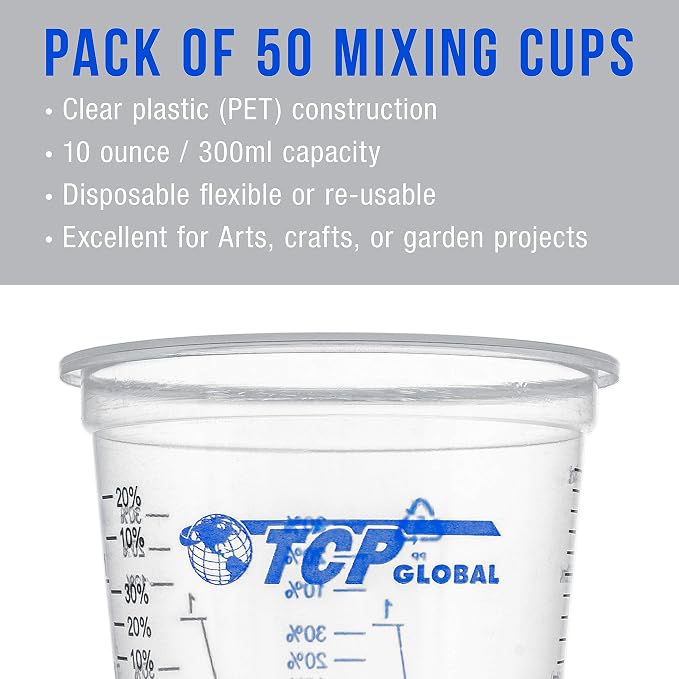 TCP Global 10 oz. (300ml) Graduated Plastic Mixing Cups - Box of 50 | Plus 50 Mixing Sticks, Disposable Plastic Measuring Cups for Liquids, Paints, Resin, Epoxy, Kitchen , Ratios 2-1, 3-1, 4-1 ML