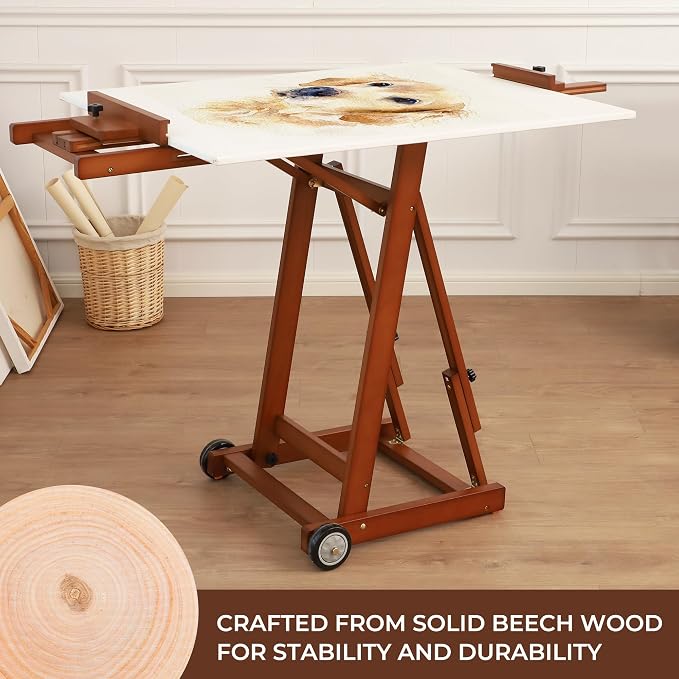 VISWIN Studio H-Frame Easel, Tilting Flat & Adjustable Beech Wood Art Easel for Painting, Movable Large Easel Stand for Adults, Artists, Hold 1 or 2 Canvas up to 78" - Walnut Brown
