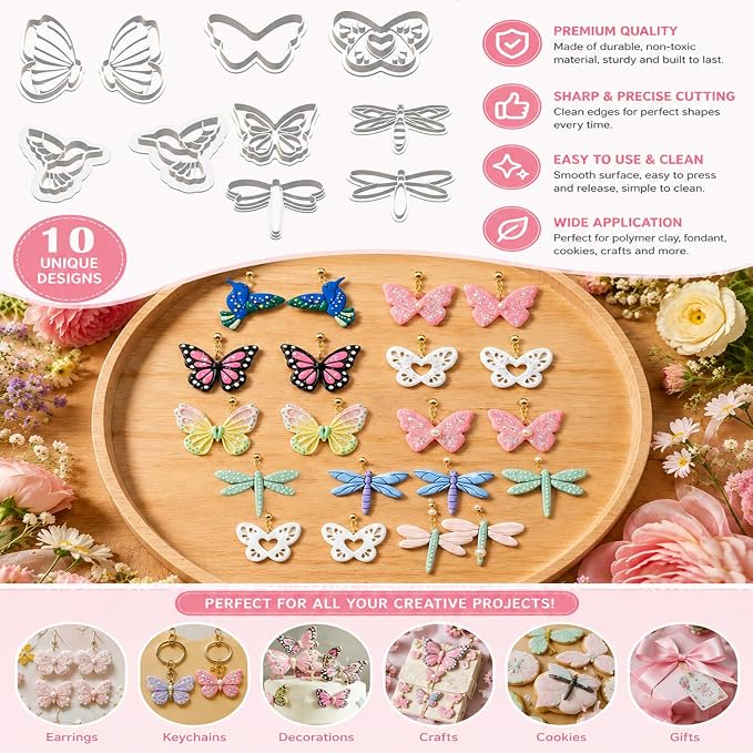 10PCS Butterfly Dragonfly Hummingbird Clay Cutters for Jewelry