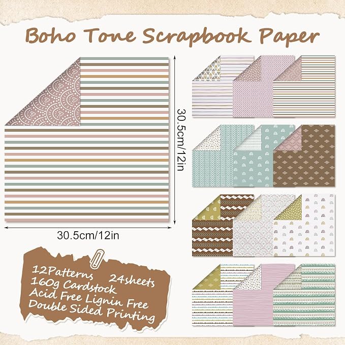 24 Sheets Scrapbook Paper 12x12 IN Double-Sided Bohemian Craft Paper