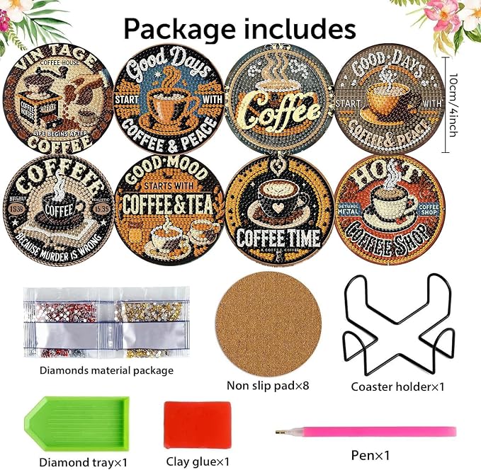 8Pcs Coffee Diamond Art Coasters Kits, Diamond Painting Coasters Kit
