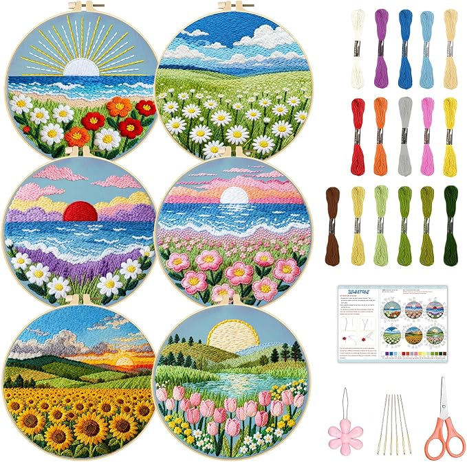 BEUNITONE 6 Set Flower Sea Starter Embroidery Kit with Pre-stamped Pattern Needlepoint Craft Kits with Embroidery Hoops Complete DIY Handmade Cross Stitch Set for Home Decor and Festival Gifts 20x20cm