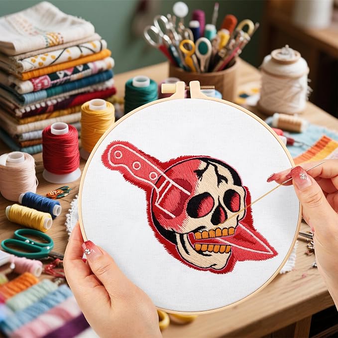 Halloween Punk Embroidery Kits for Beginners Adults, Blood Skull Embroidery Starter Kits, Halloween Cross Stitch Kits for Beginners Adults Hobbies for Women, Embroidery Fabric, Hoop and Video Tutorial