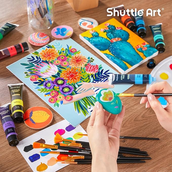 Shuttle Art 30 Colors Acrylic Paint Set, 36ml Tubes with 3 Brushes, Artist Grade Acrylic Paint, for Kids Adults Beginners, Painting on Crafts Canvas Wood Rocks