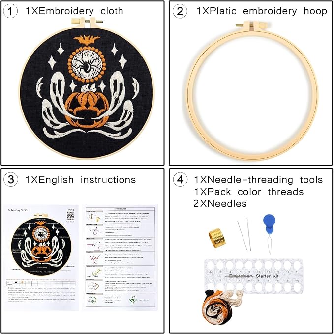 Halloween Embroidery Kits for Beginners Adults, Ghost Embroidery Starter Kits, Halloween Cross Stitch Kits for Beginners Adults Hobbies for Women, Embroidery Fabric, Threads, Hoops and Video Tutorial