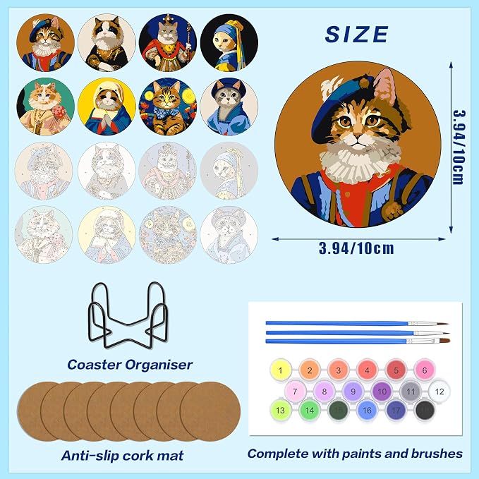 DPARTGMJT 8 Pack Cats Paint by Numbers Kits Coasters with Holder Cork Pads | Cat Paint by Number Kit for Adults Simple Round Oil Painting Coaster for Small DIY Craft Holiday Birthday Gift 3.9x3.9in