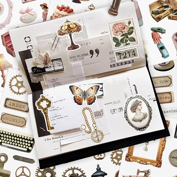 PRSTINCOL Vintage Sticker Book with 30 Pages and 300+ Aesthetic Stickers for Scrapbooking Supplies and Retro Bullet Journal