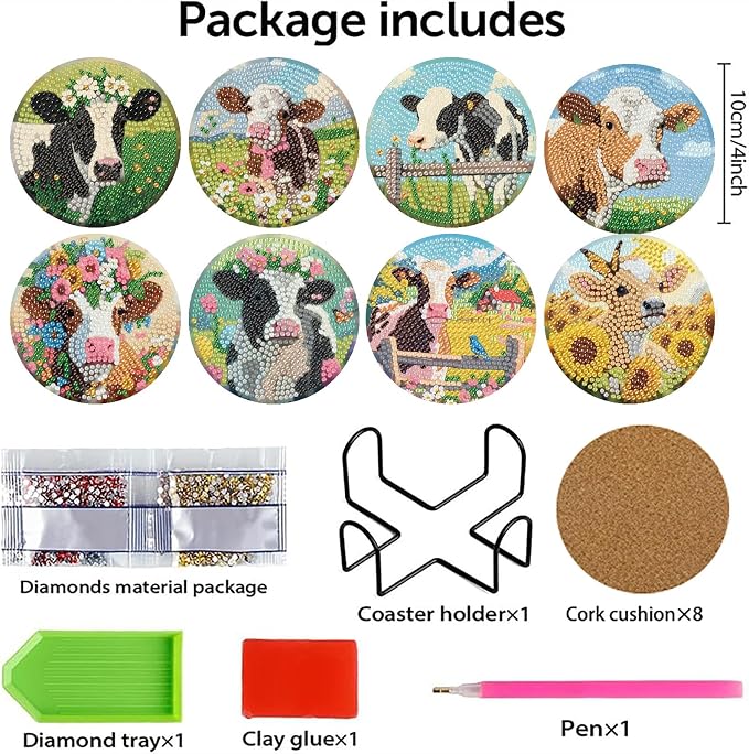 askkqtx 8 Pcs Cow Diamond Art Coasters Kits with Holder 4X4 Inch