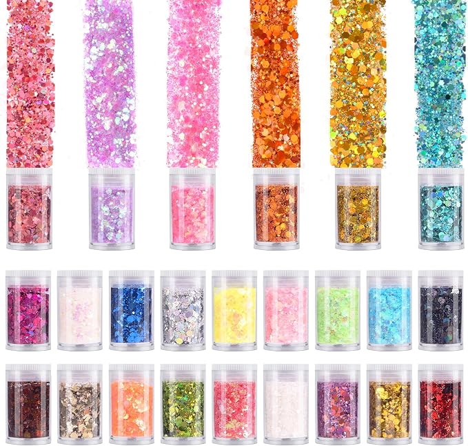 LICOOL GLITTER Pack of 24 Colors Chunky and Fine Glitter Mixed,Licool Glitter,Nail Art Face Body Hair Iridescent Sequins Loose Glitter,DIY Epoxy Resin Craft Slime Tumbler Making Flakes Glitter Powder