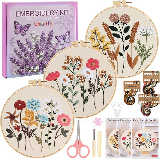 3 Sets Embroidery Kit, Cross Stitch Kits for Beginners, Needlepoint Kits for Adults with Floral Patterns, Hoop, Needles, Threads and Tools, Colorful Threads, Easy to Learn Step-by-Step Guide & Video