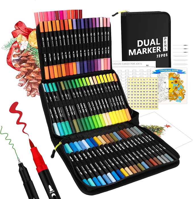 Markers for Adult Coloring Books No Bleeding, 72 Dual Tip Coloring Markers