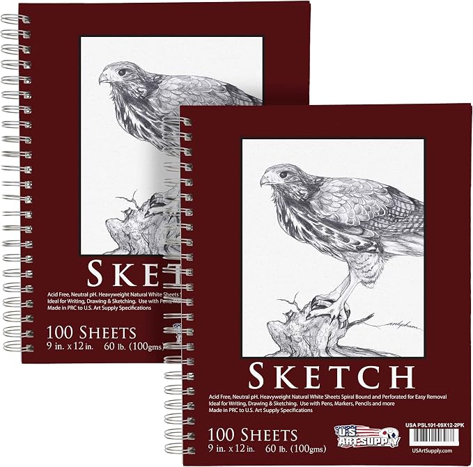 U.S. Art Supply 9"x12" Sketch Book Pad, Spiral Bound 100 Sheets Each,2-Pack | 60lb (100gsm) Spiral Bound - Sketching, Drawing Acid-Free Paper - Sketch Pads For Adults, Students: Colored Pencils, Charcoal