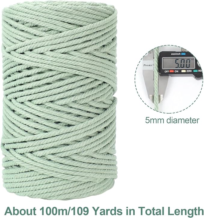 Macrame Cord 5mm x 109Yards (328Feet), Natural Cotton Macrame Rope - 4 Strands Twisted Macrame Cotton Cord for Wall Hanging, Plant Hangers, Crafts, Gift Wrapping and Wedding Decorations, White