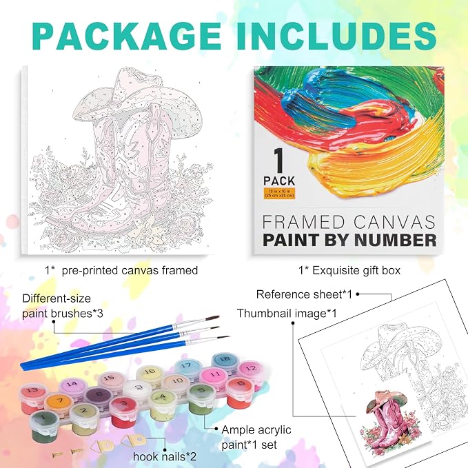 Framed Paint by Numbers Kit for Adults, Pink Cowboy Boots, 10 x 10 Inch | DIY Adult Paint by Number Kit for Beginners, Western Wall Decor, Stress Relief Craft Gift, Creative Hobby