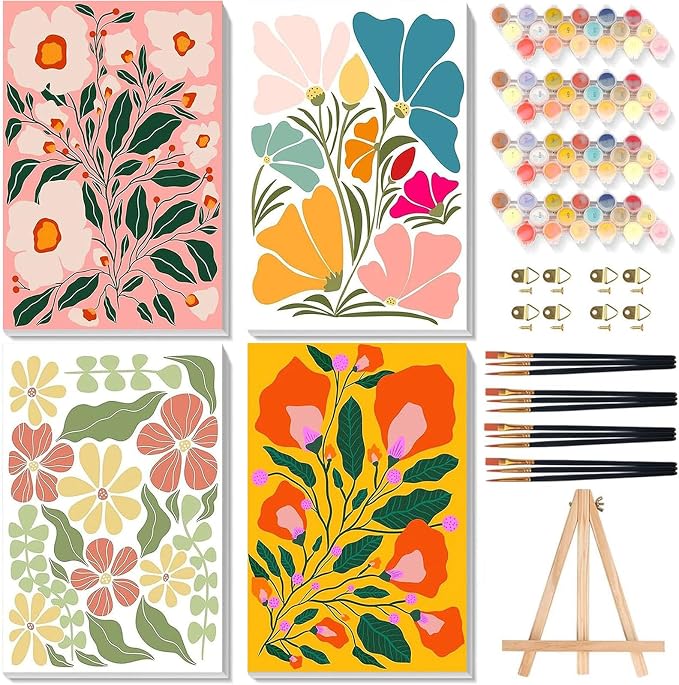 4 Pack Flower Paint by Numbers for Adults with Framed Canvas - Wooden Easel | Easy Flower Paint by Number for Beginners, Flowers Acrylic Oil Painting on Canvas with Brushes for Home Wall Decor 8x12 inch