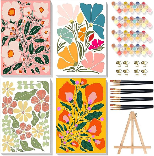 4 Pack Flower Paint by Numbers for Adults with Framed Canvas - Wooden Easel | Easy Flower Paint by Number for Beginners, Flowers Acrylic Oil Painting on Canvas with Brushes for Home Wall Decor 8x12 inch