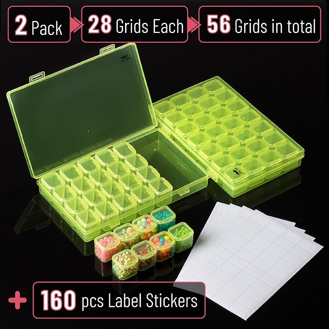 Mr. Pen- Bead Storage Containers, 28 Grids, 2 Pack, Transparent Green | 160 pcs Label Stickers, Transparent, Small Bead Organizer Box, Diamond Art, Diamond Painting Organizer