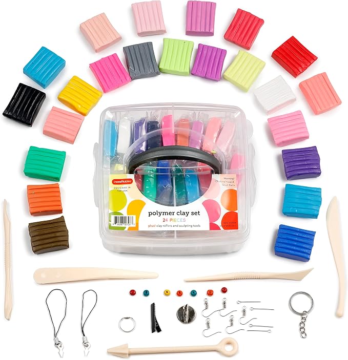 Incraftables Polymer Clay Kit – 24-Color Non-Toxic Oven-Bake Clay Set with Tools, Cutters, Molds, Jump Rings & Keychain Rings for Jewelry, Miniatures & Sculpting