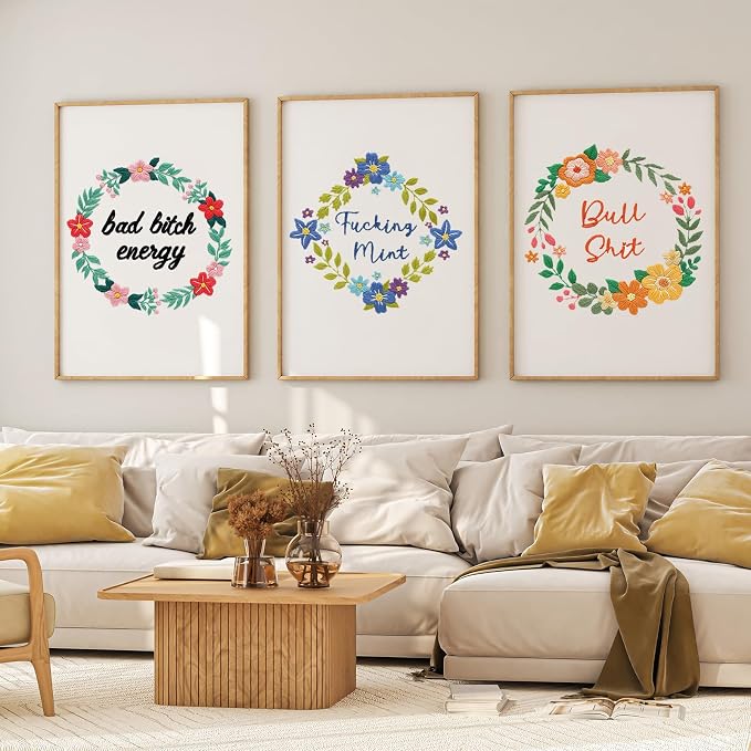 Louise Maelys 3 Pack Funny Quote Embroidery Kit for Beginners Floral | Cross Stitch Kits Include Pre-Printed Fabric, Embroidery Hoop, Threads, Needles and Guide. Needlepoint Kit for Beginners