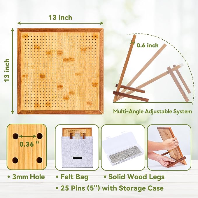 13" Crochet Blocking Board for Granny Square with 25 Pegs(Pins) & Felt Bag | 625 Holes, Blocking Board for Crochet Projects, Adjustable Bamboo Wood Board for Crocheting & Knitting, Gift for Crocheter