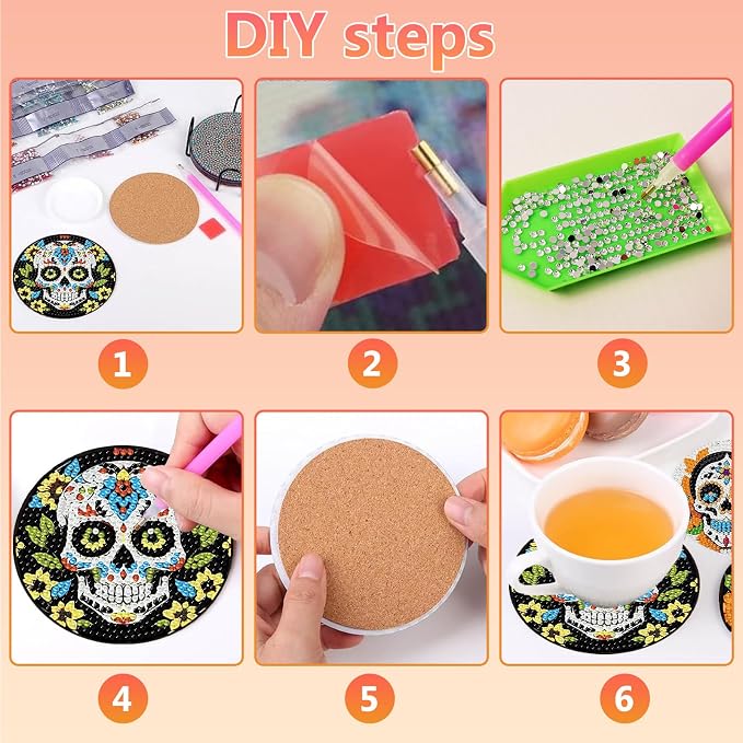 hkejoi 8 Pcs Skull Diamond Art Coasters Kit for Adults, Skull Diamond Painting Coasters with Holder, 5D Gem Art, DIY Crafts Diamond Dots for Gift Home Decor
