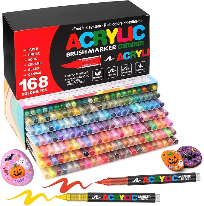 Amamao 168 Colors Soft Brush Tip Acrylic Paint Markers for Wood Rock Canvas