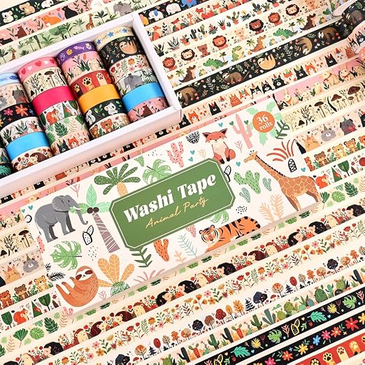 icceemee 36 Rolls Animal Theme Washi Tape Set, Colorful Cute Adorable Animals Writable Decorative Tapes for Scrapbooking, Junk Journal Supplies, Bullet Journaling, 0.6"x79" per Roll