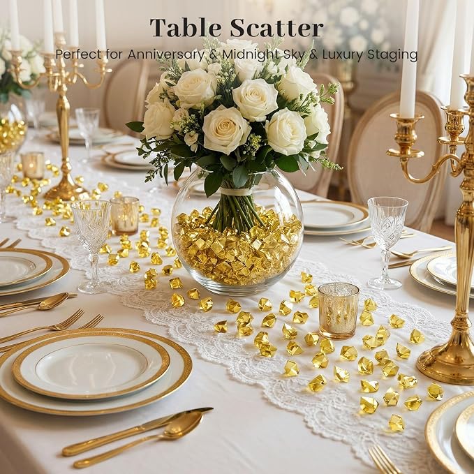 DOMESTAR 150 PCS Gold Acrylic Ice Rocks, Faux Nuggets Gems Vase Fillers