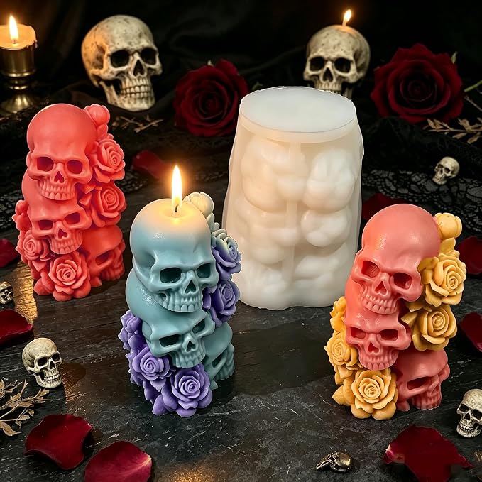 Halloween Skull Candle Mold, 3 Layer Columnar Rose Skull Mold | 3D Rose Style Skull Silicone Mold for Candle Making, Epoxy Resin Casting, Halloween Resin Night Light DIY Craft Handmade Gift