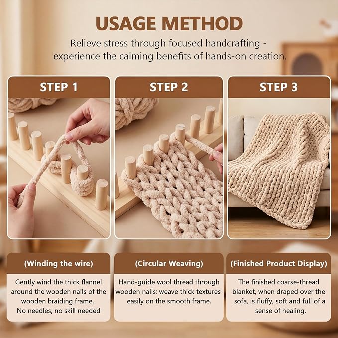 Hulvargont 46" Extra-Large Chunky Wooden Blanket Loom, Adjustable Frame Knitting Looms Kit, Chunky Knit Blanket Maker Kit for DIY Yarn Craft, Home Decor, Stress Relief, Beginner Friendly