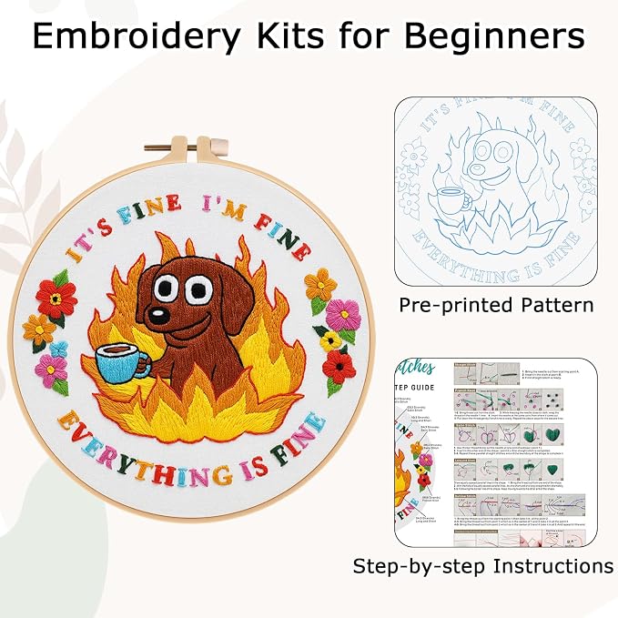 Nuberlic Cute Dog Embroidery Kits for Beginner Adults Cross Stitch Kit with Funny Animal Pattern Include Cloth Hoops Threads Needles
