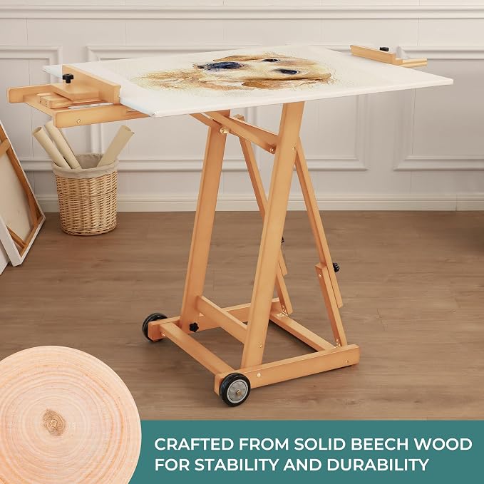 VISWIN Studio H-Frame Easel, Tilting Flat & Adjustable Beech Wood Art Easel for Painting, Movable Large Easel Stand for Adults, Artists, Hold 1 or 2 Canvas up to 78" - Natural