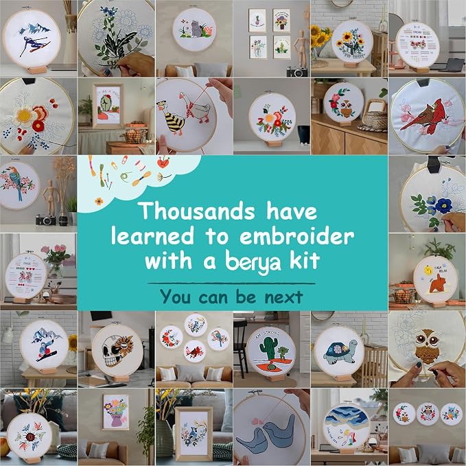 Embroidery Kit for Adult Beginners, Cat Embroidery Kit with Step-by-Step Instructions and Video, Printed Cloth, 7.87" Hoop, Display Stand, Color Threads, Threader & Needles for Craft Lover(BED001)