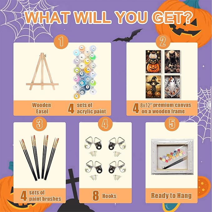 Paint by Numbers for Adults Halloween with Framed Canvas - Wooden Easel | 4 Pack Halloween Paint by Number on Canvas, DIY Acrylic Oil Painting Kits with Brushes for Home Wall Decor (8x12 inch)