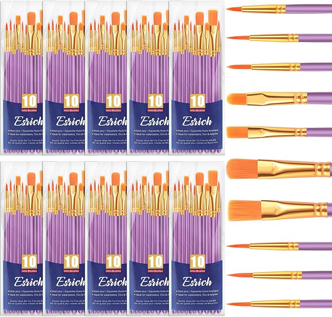 ESRICH 100PCS Pink Paint Brushes, Paint Brush for Acrylic Painting | Artist Paintbrushes for Oil Watercolor, Body Face Rock Canvas, Small Paint Brushes for Kids, Purple