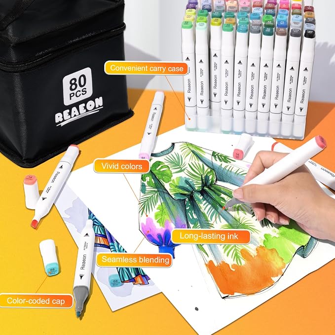 Reaeon Alcohol Art Markers, 80 Colors Fine & Chisel Dual Tip Marker Set, Permanent Art Markers for Adults Sketching Painting Drawing and Coloring(White Barrel)