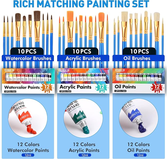 ESRICH 3 Set Acrylic Painting Kits for Adults Couples Date Night | Sip and Paint Kit for Date Night and Crafts, Oil, Watercolor & Acrylic Paint,Canvas and Easels, Palettes, Brushes