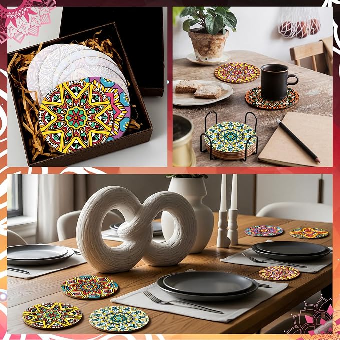 Reallnaive 8 Pcs Mandala Paint by Numbers Kit for Adults Wooden Coasters | Mini Floral Paint by Numbers, Tiny Flower Round Oil Painting Drink Coaster with Holder, for Small DIY Craft Birthday Gift