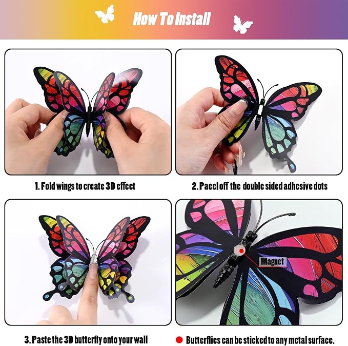 SAOROPEB 3D Butterfly Wall Decor, 24 Pcs Rainbow Butterfly Decorations