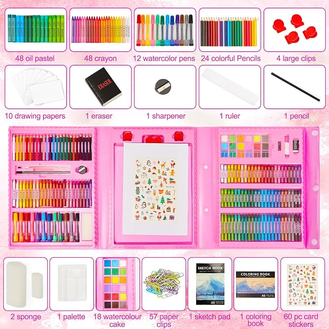 KINSPORY Art Set for Kids, 290 Pack Double-Side Easel Drawing Kits (Pink)