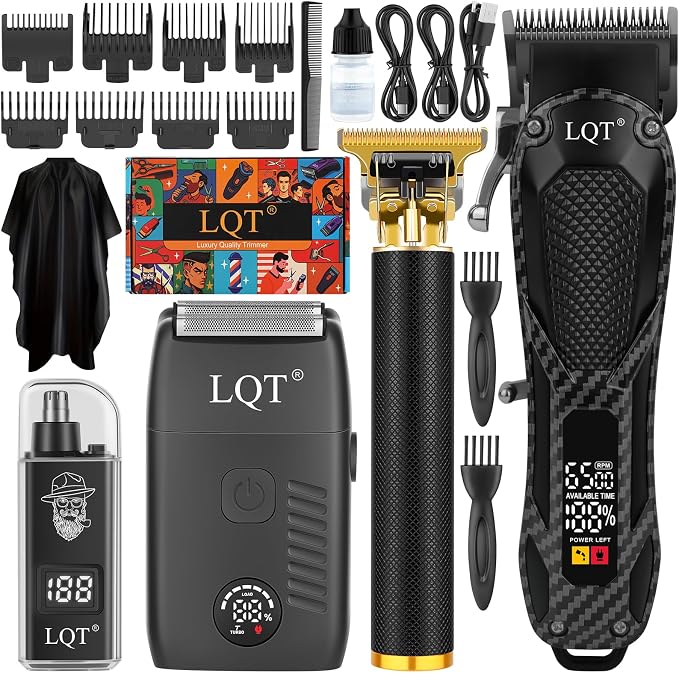 Hair Clippers for Men with LED Power Display, 4-Piece Professional Grooming Kit with Hair Clipper, Detail Trimmer, Foil Shaver & Nose Trimmer, Complete Cordless Set for Home Barber Use (Black)